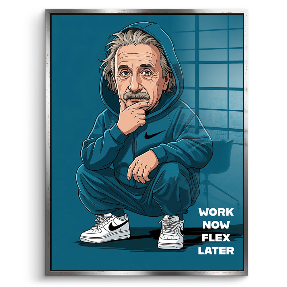 DOTCOMCANVAS Albert Einstein Swag Acrylglasbild Vorderansicht mit silbernem Rahmen