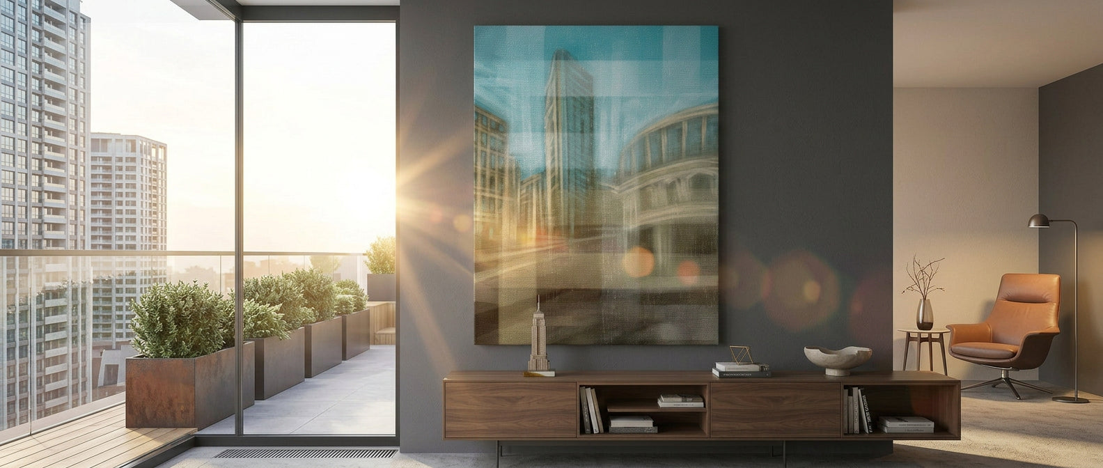 City in the Embrace of Golden Mist Leinwandbild Banner