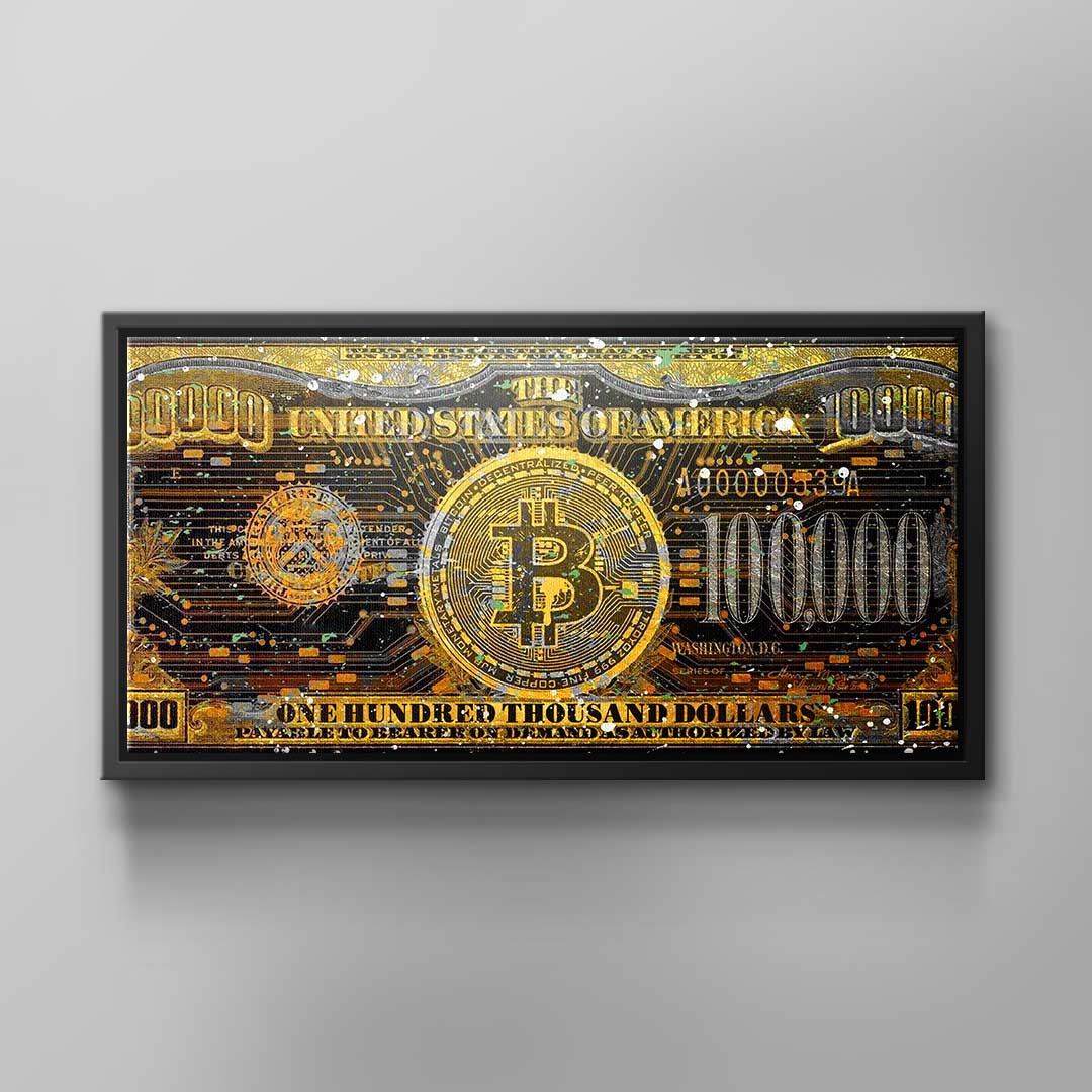 Wandbild Motivation Bitcoin Geld hundert tausend dollar gold schwarz