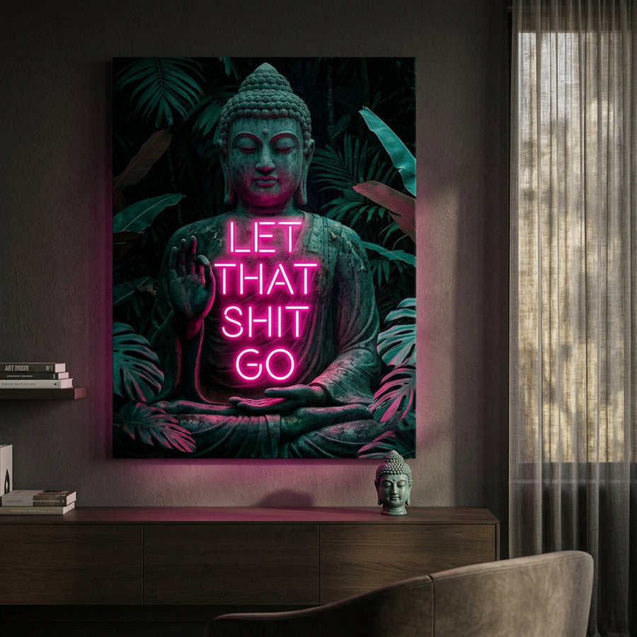 DOTCOMCANVAS® Buddah for Toilett Leinwandbild – humorvolle WC-Wandkunst im Raum-Mockup