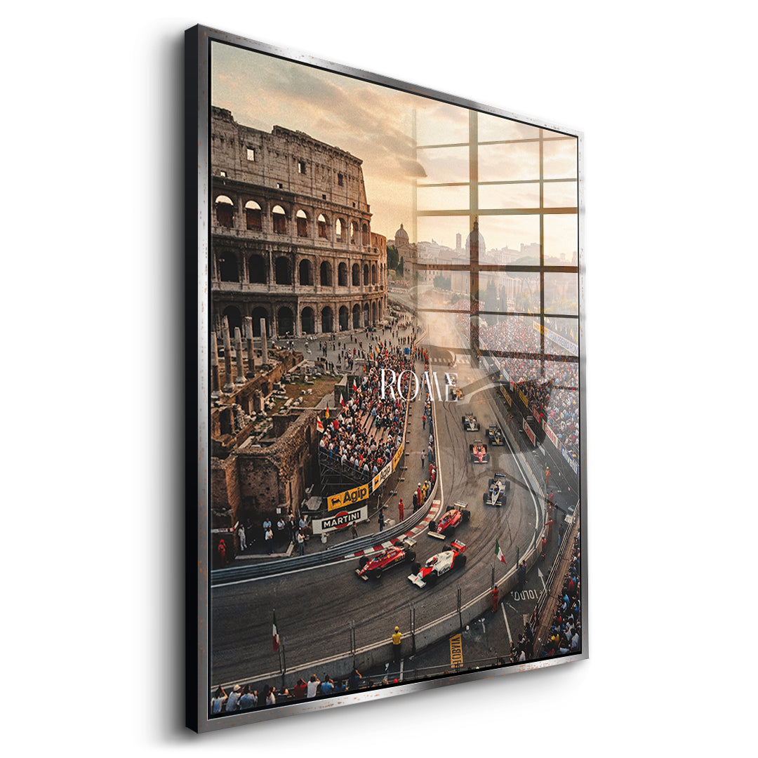 DOTCOMCANVAS Rome F1 Acrylglasbild Seitenansicht mit silbernem Rahmen