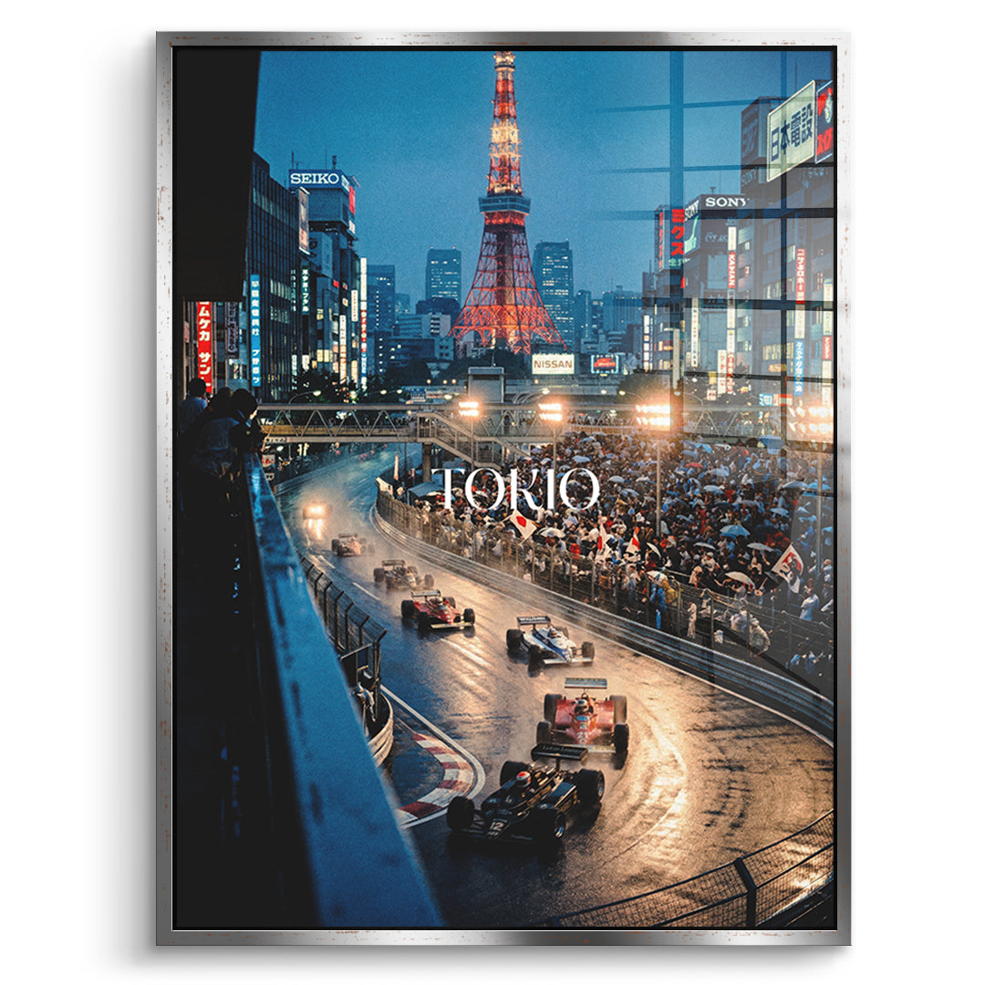 DOTCOMCANVAS Tokyo F1 Acrylglasbild Vorderansicht mit silbernem Rahmen