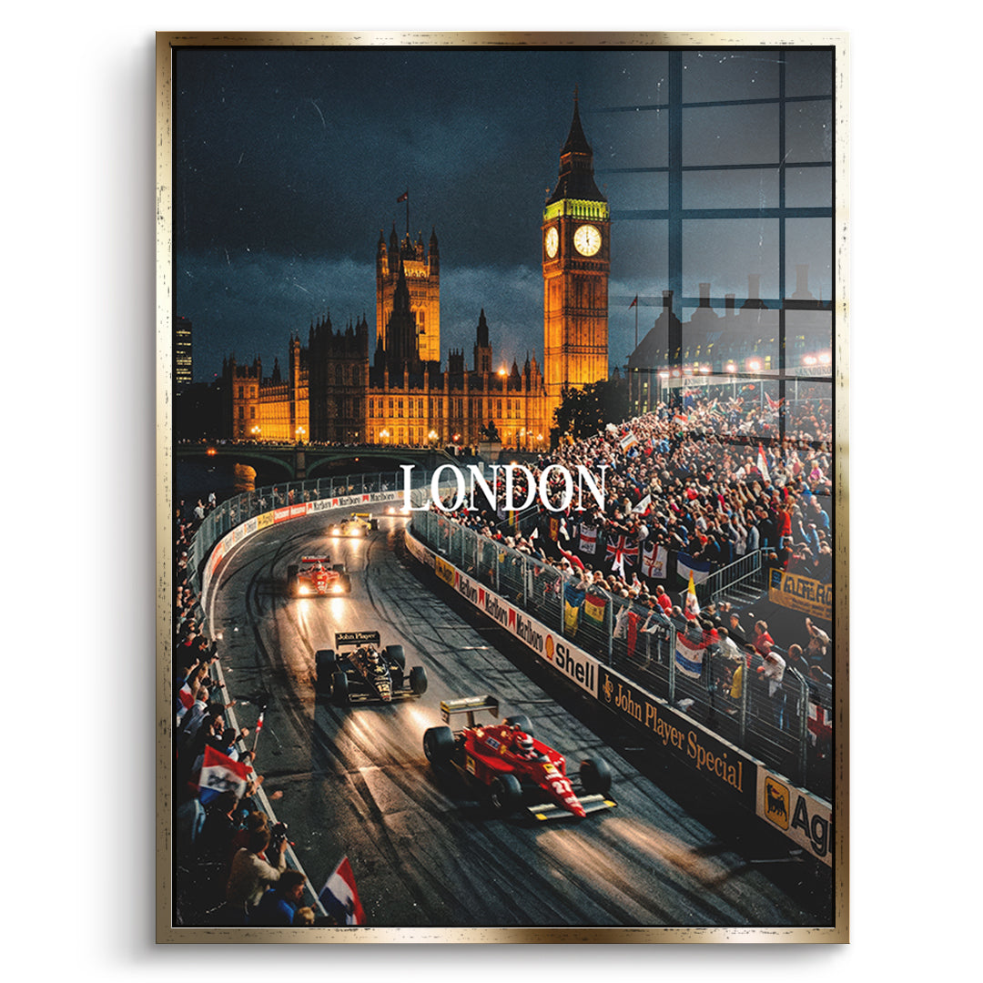 DOTCOMCANVAS London F1 Acrylglasbild Vorderansicht mit goldenem Rahmen