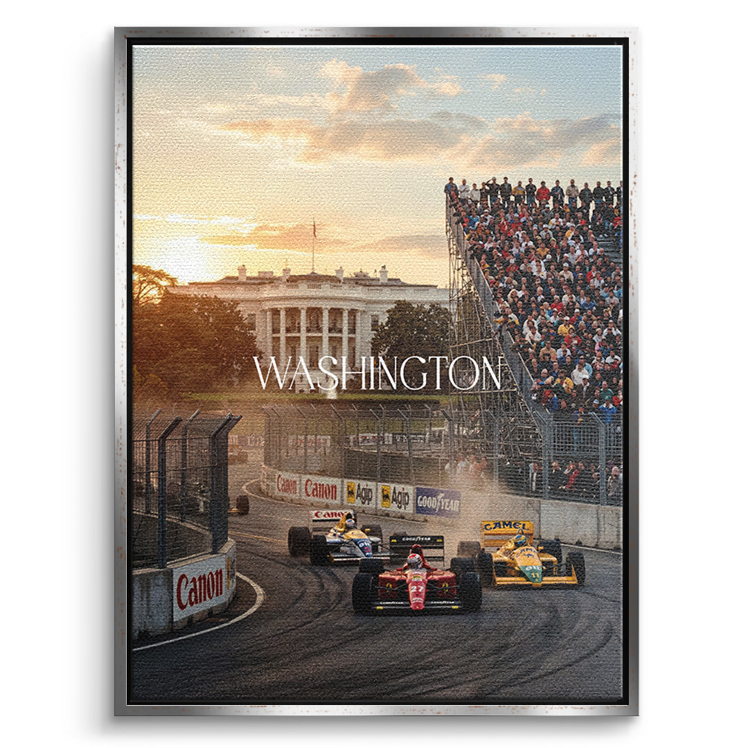DOTCOMCANVAS Washington F1 Leinwandbild Vorderansicht mit silbernem Rahmen