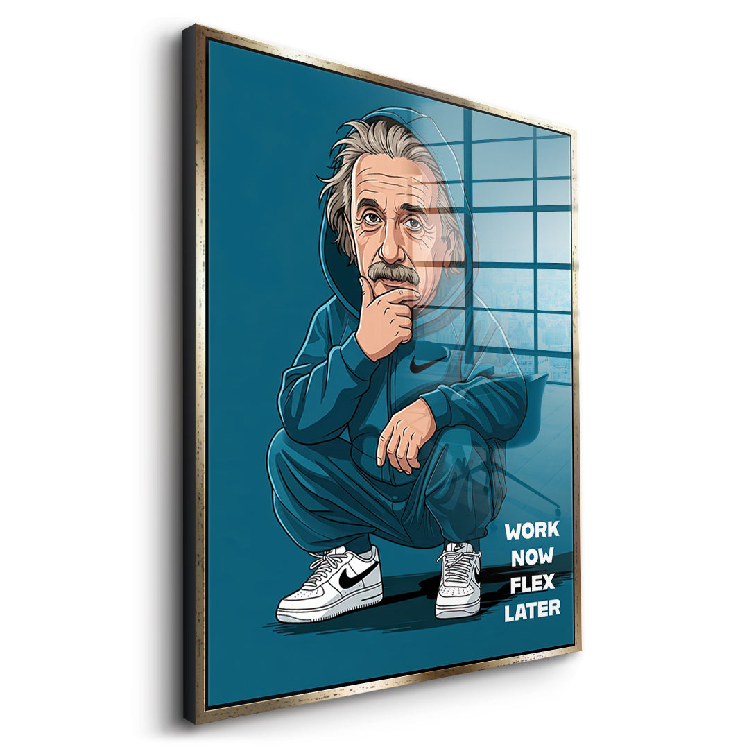 DOTCOMCANVAS Albert Einstein Swag Acrylglasbild Seitenansicht mit goldenem Rahmen