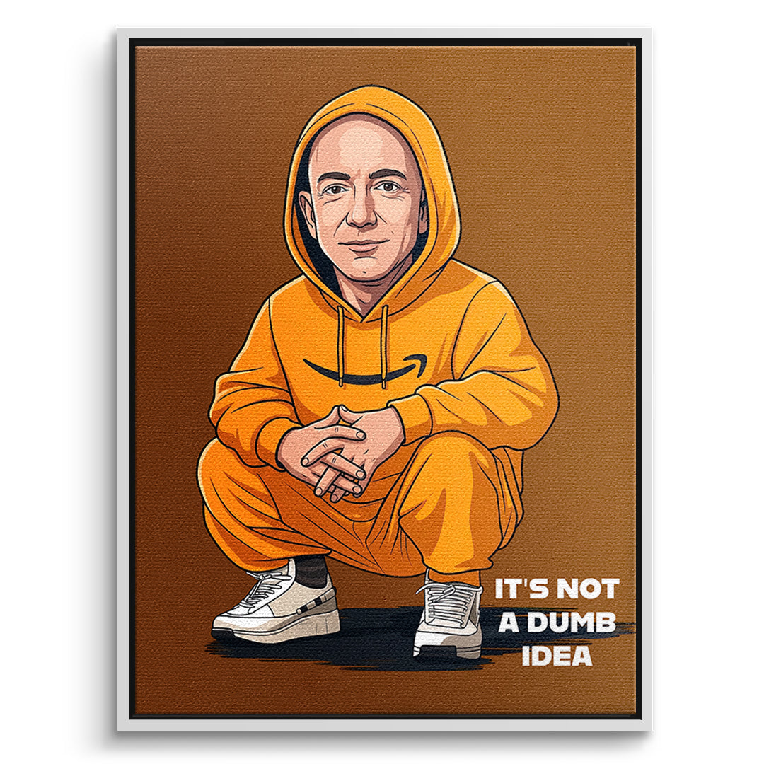DOTCOMCANVAS Jeff Bezos Swag Leinwandbild Vorderansicht mit weissem Rahmen