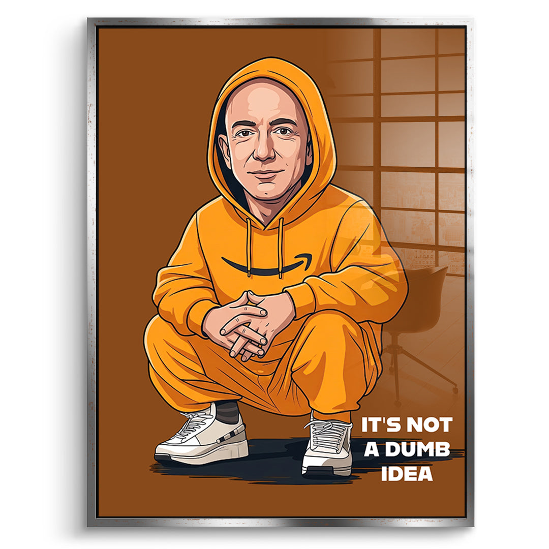 DOTCOMCANVAS Jeff Bezos Swag Acrylglasbild Vorderansicht mit silbernem Rahmen