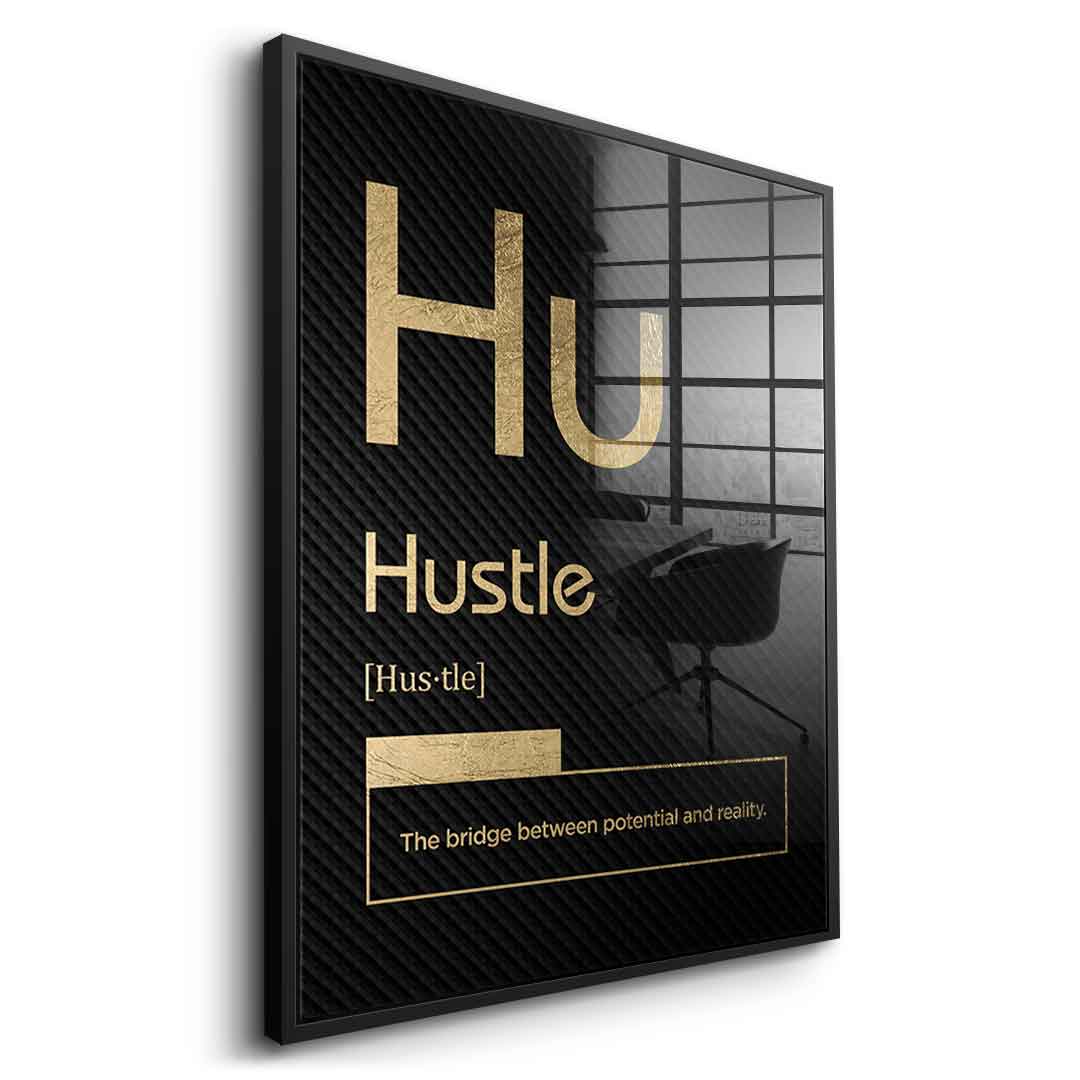Hustle Acrylglasbild Version Schwarz – Seitenansicht mit schwarzem Rahmen | DOTCOMCANVAS® Wandbild