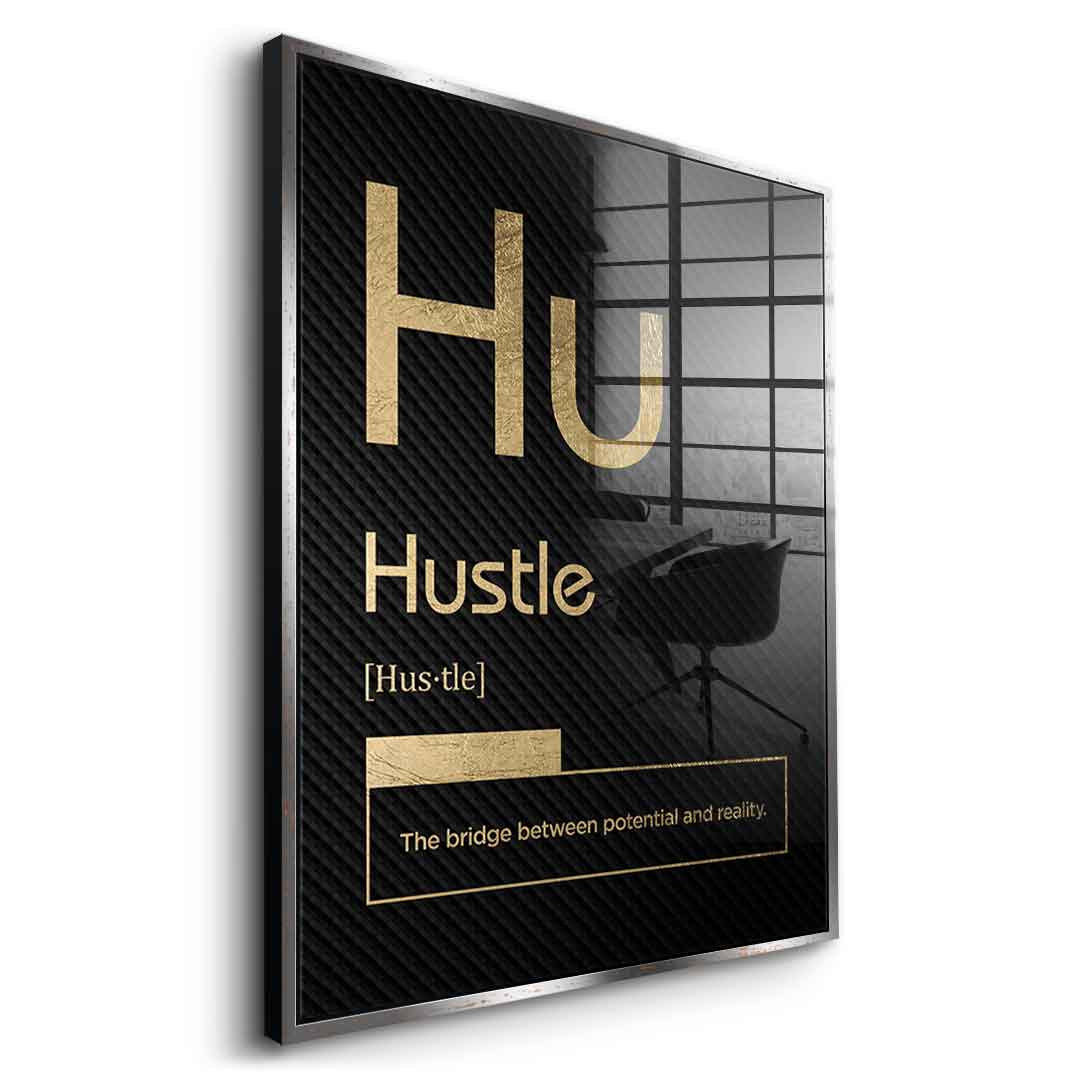 Hustle Acrylglasbild Version Schwarz – Seitenansicht mit Goldrahmen | DOTCOMCANVAS® Wandbild