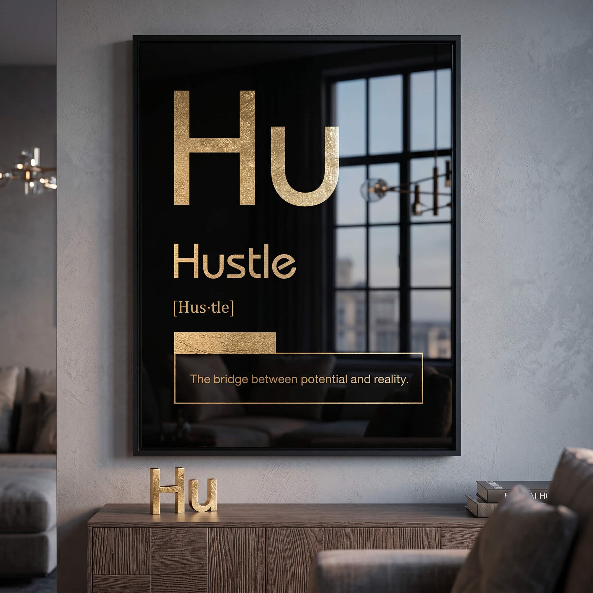 Hustle Acrylglasbild Version Schwarz im Raum – Motivation Typografie Wandbild von DOTCOMCANVAS®