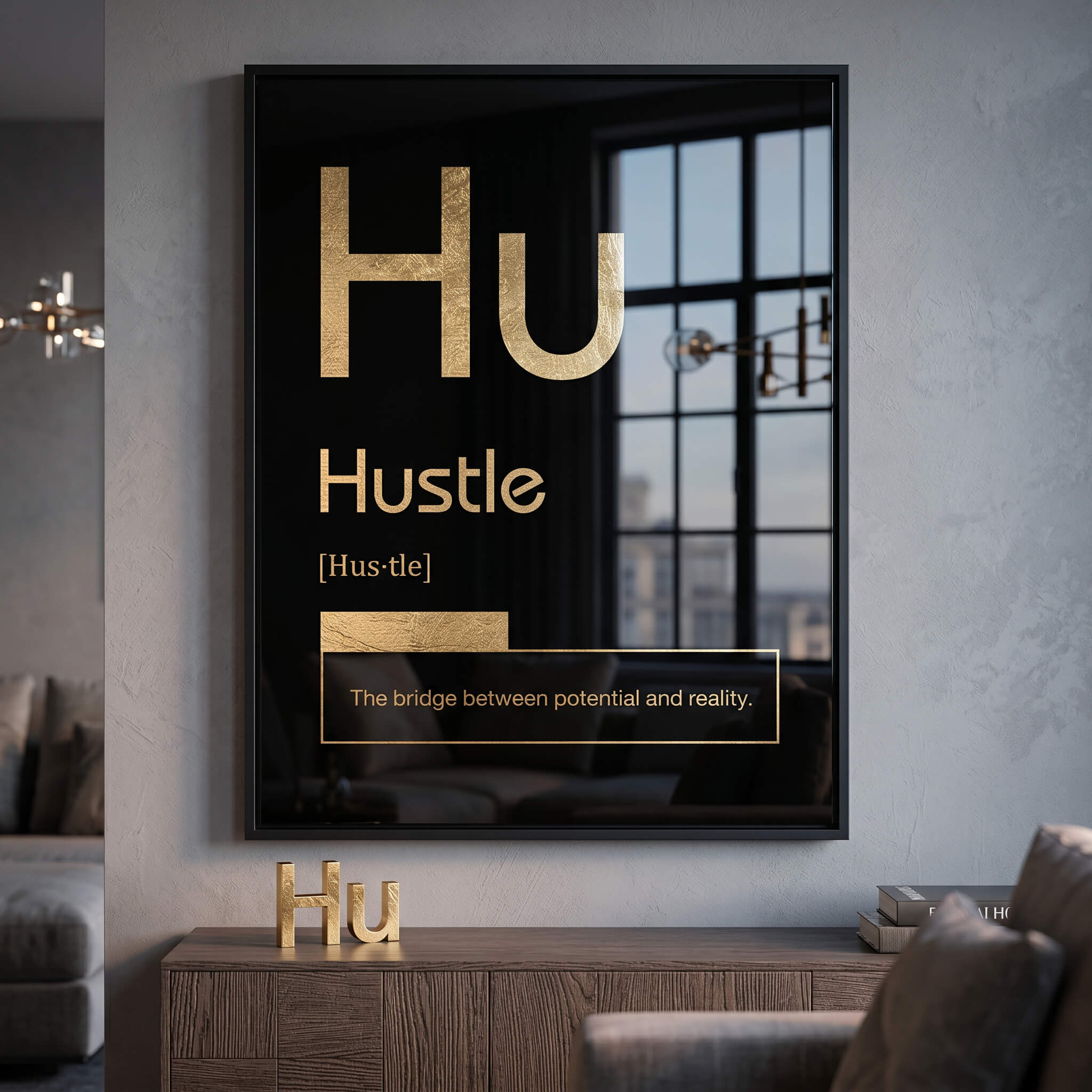 Hustle Acrylglasbild Version Schwarz im Raum – Motivation Typografie Wandbild von DOTCOMCANVAS®