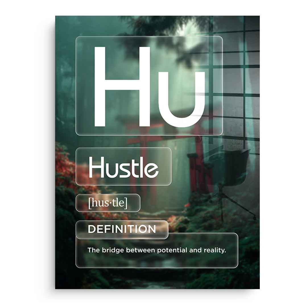 Hustle Acrylglasbild Version Farbig – Frontansicht ohne Rahmen | DOTCOMCANVAS® Motivation Typografie Wandbild