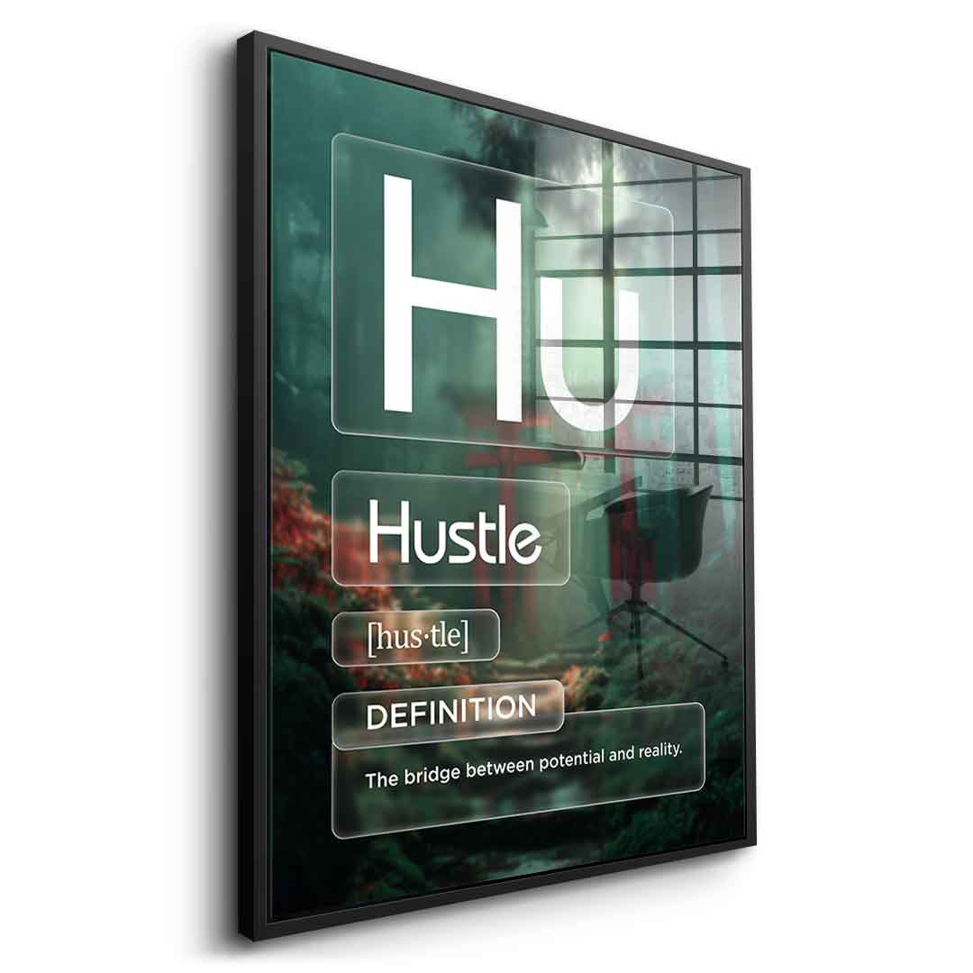 Hustle Acrylglasbild Version Farbig – Seitenansicht mit schwarzem Rahmen | DOTCOMCANVAS® Wandbild