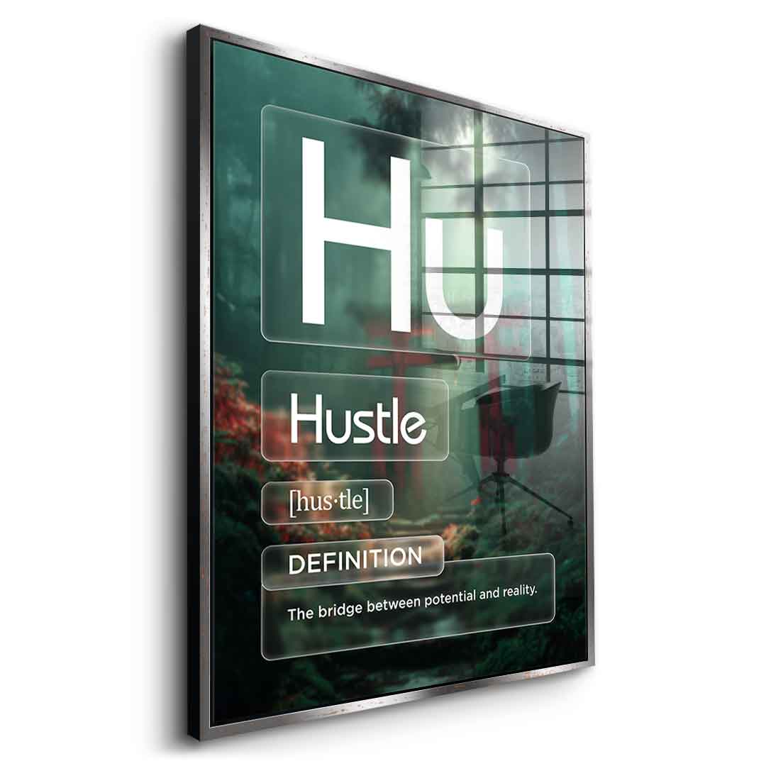 Hustle Acrylglasbild Version Farbig – Seitenansicht mit Goldrahmen | DOTCOMCANVAS® Wandbild