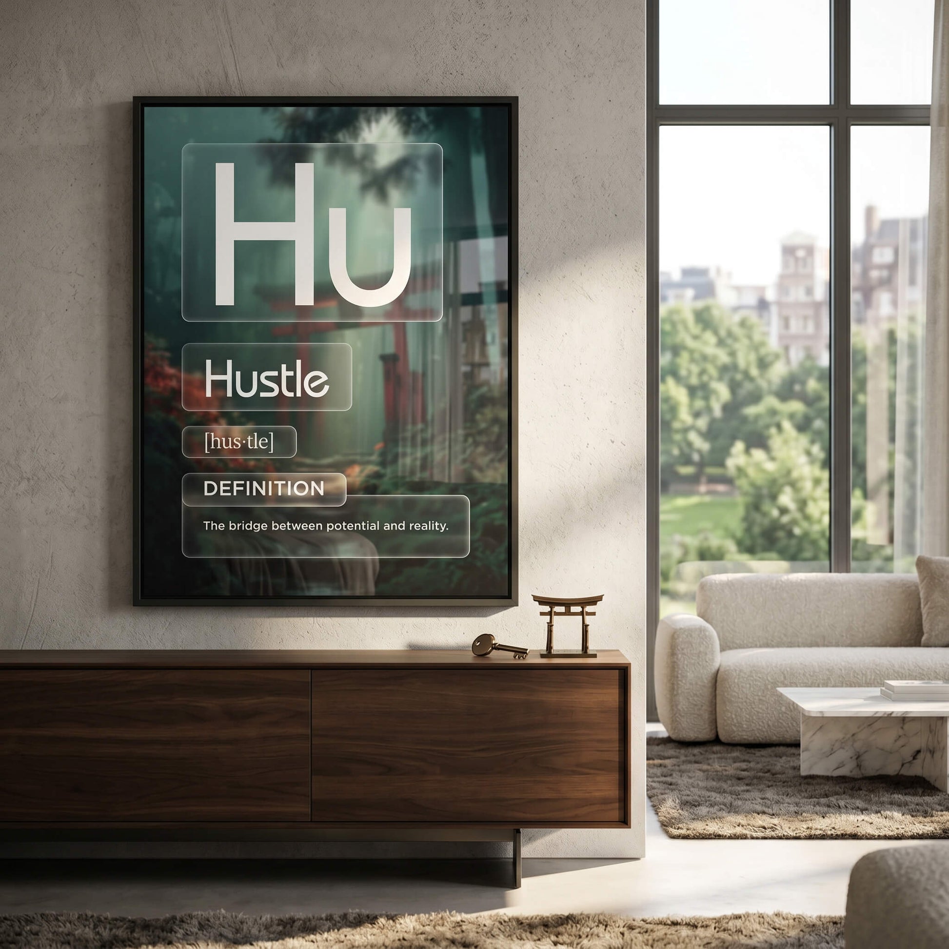 Hustle Acrylglasbild Version Farbig im Raum – Motivation Typografie Wandbild von DOTCOMCANVAS®