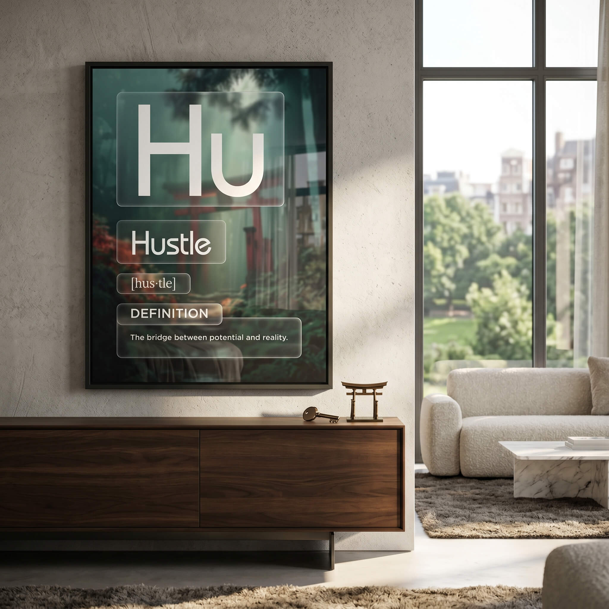 Hustle Acrylglasbild Version Farbig im Raum – Motivation Typografie Wandbild von DOTCOMCANVAS®