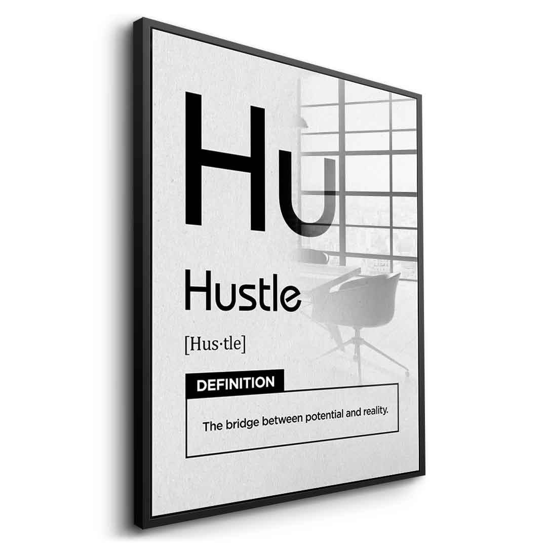 Hustle Acrylglasbild Version Weiß – Seitenansicht mit schwarzem Rahmen | DOTCOMCANVAS® Wandbild