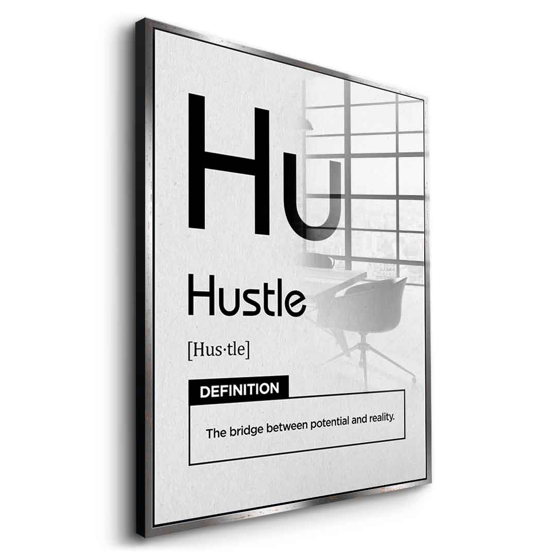 Hustle Acrylglasbild Version Weiß – Seitenansicht mit Goldrahmen | DOTCOMCANVAS® Wandbild