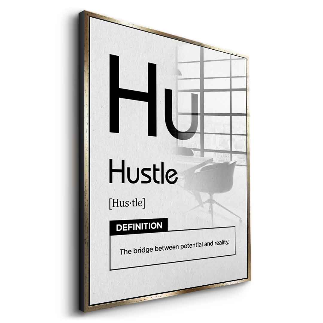 Hustle Acrylglasbild Version Weiß – Seitenansicht mit Silberrahmen | DOTCOMCANVAS® Wandbild
