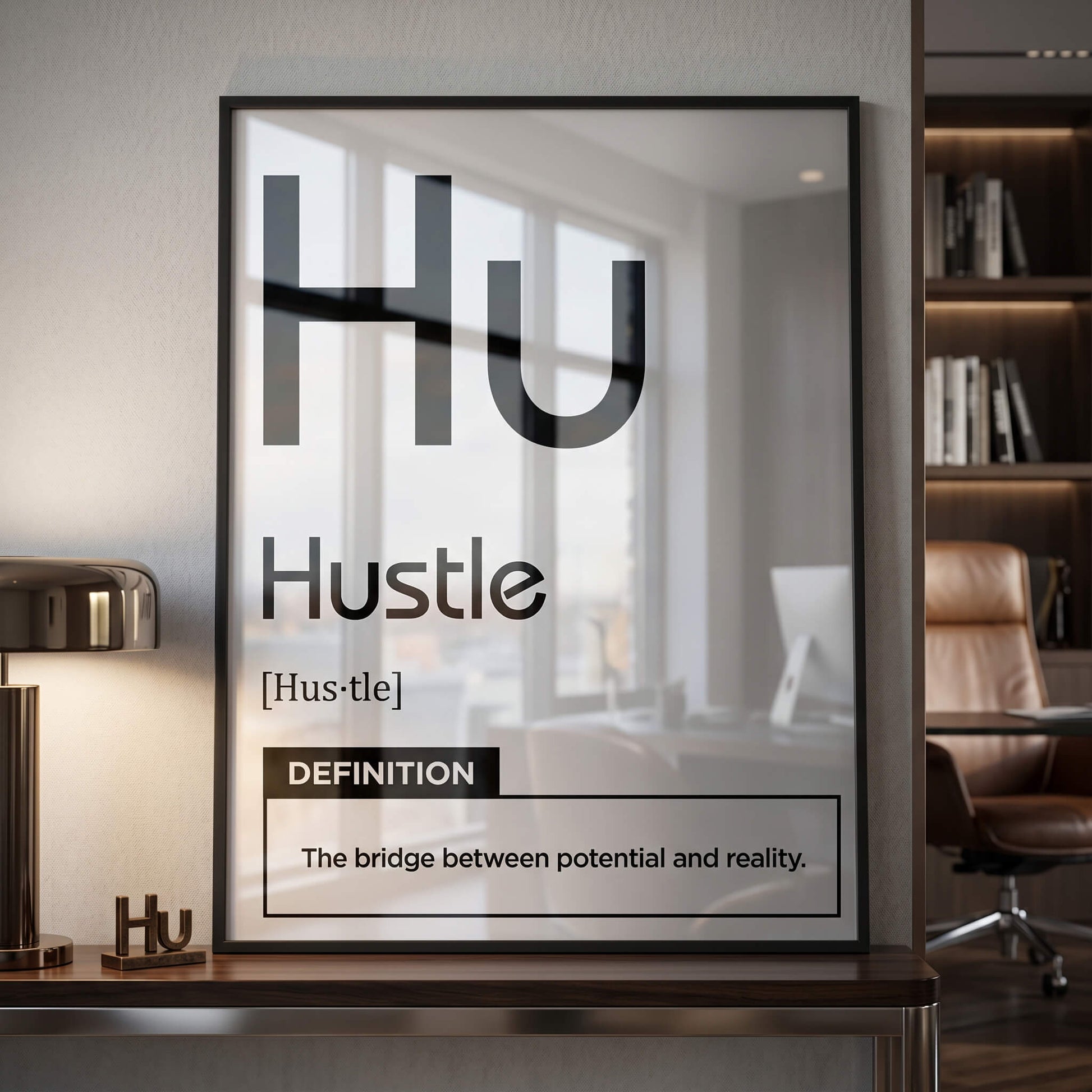 Hustle Acrylglasbild Version Weiß im Raum – Motivation Typografie Wandbild von DOTCOMCANVAS®