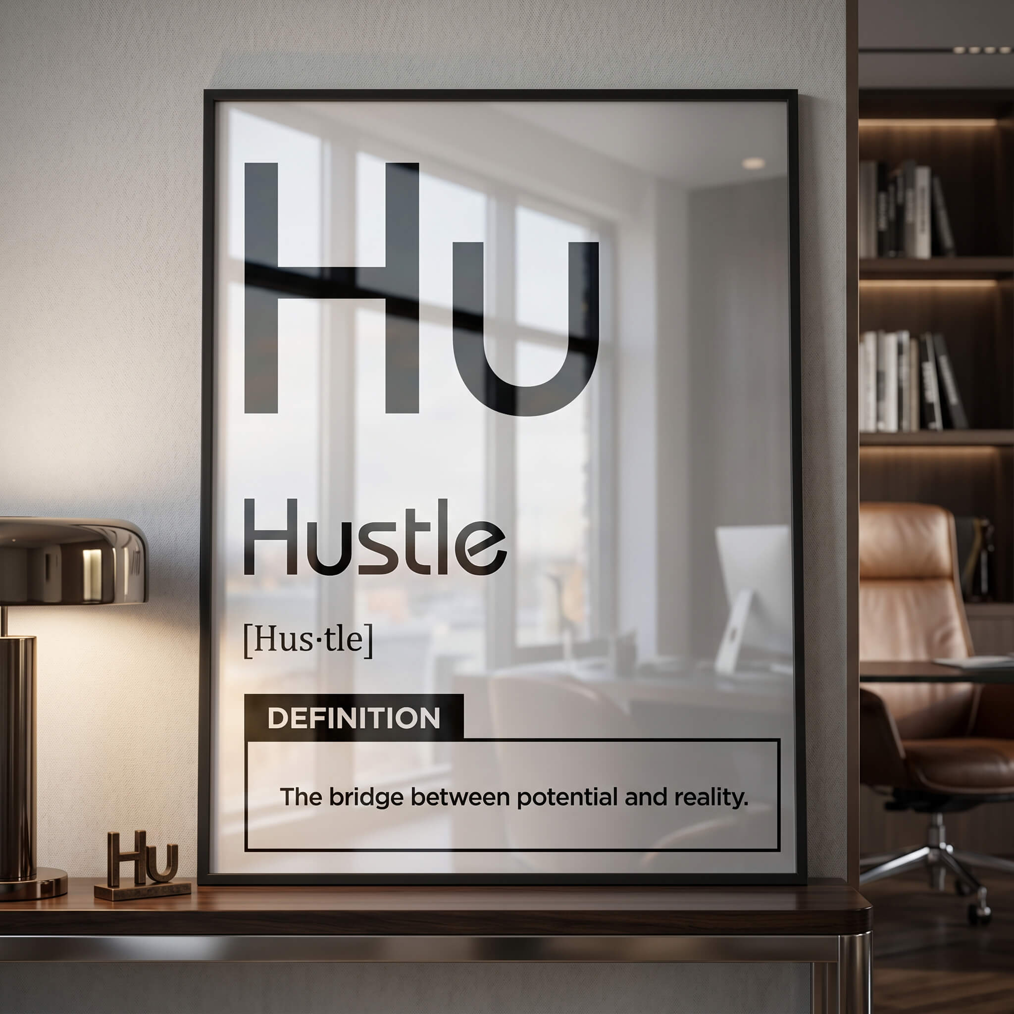 Hustle Acrylglasbild Version Weiß im Raum – Motivation Typografie Wandbild von DOTCOMCANVAS®