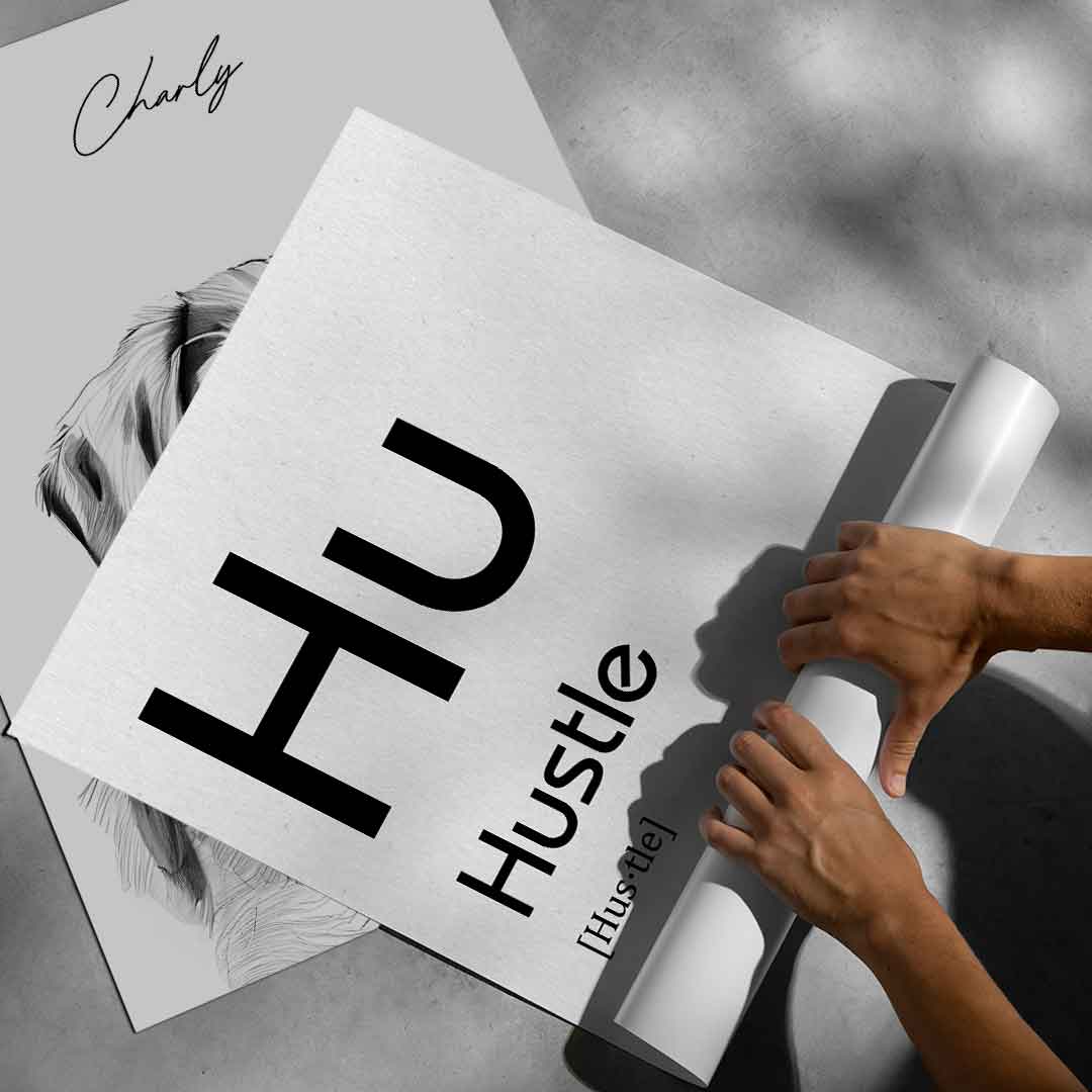 Hustle Poster Version Weiß – Roll-up Display | DOTCOMCANVAS®