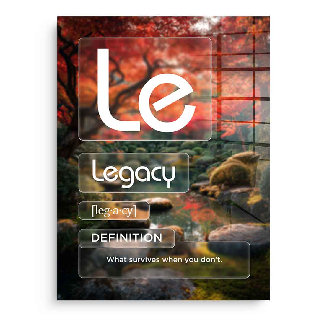 DOTCOMCANVAS® Legacy (Le) Acrylglasbild Version Farbig – Vorderansicht Schwarzer Rahmen