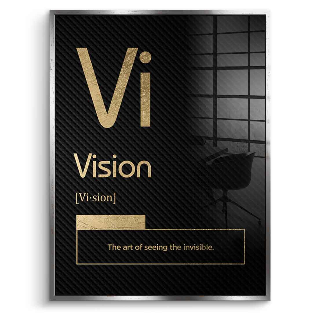 DOTCOMCANVAS® Vision (Vi) Acrylglasbild Version Schwarz – Vorderansicht Weißer Rahmen