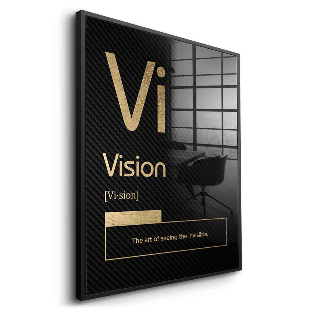 DOTCOMCANVAS® Vision (Vi) Acrylglasbild Version Schwarz – Vorderansicht Goldener Rahmen