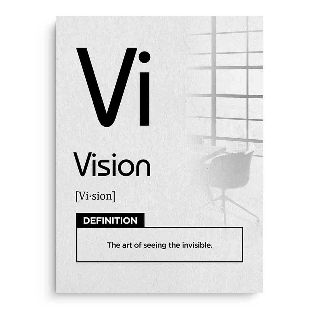 DOTCOMCANVAS® Vision (Vi) Acrylglasbild Version Weiß – Vorderansicht Schwarzer Rahmen