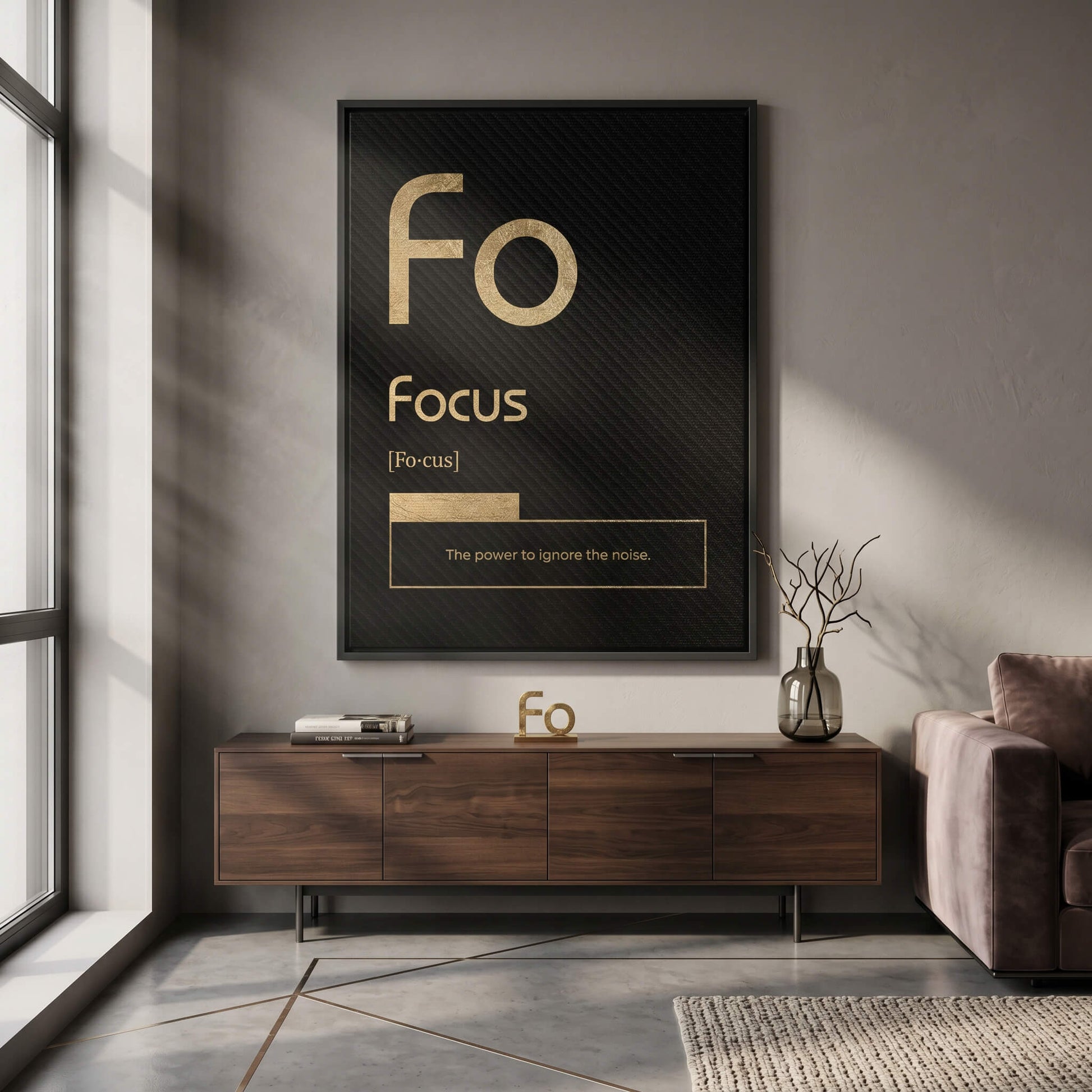 DOTCOMCANVAS® Focus (Fo) Leinwandbild Version Schwarz – Raum-Mockup