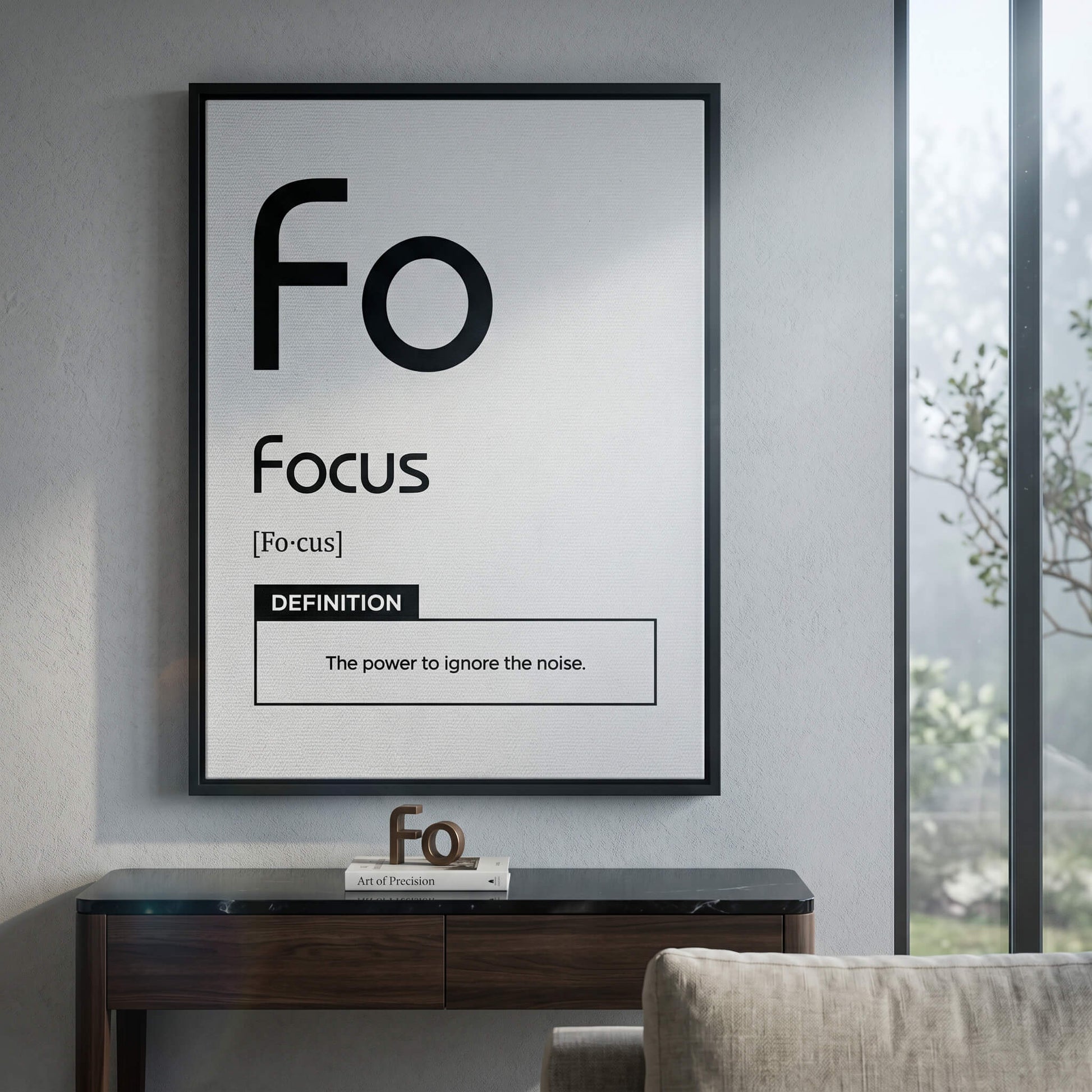 DOTCOMCANVAS® Focus (Fo) Leinwandbild Version Weiß – Raum-Mockup
