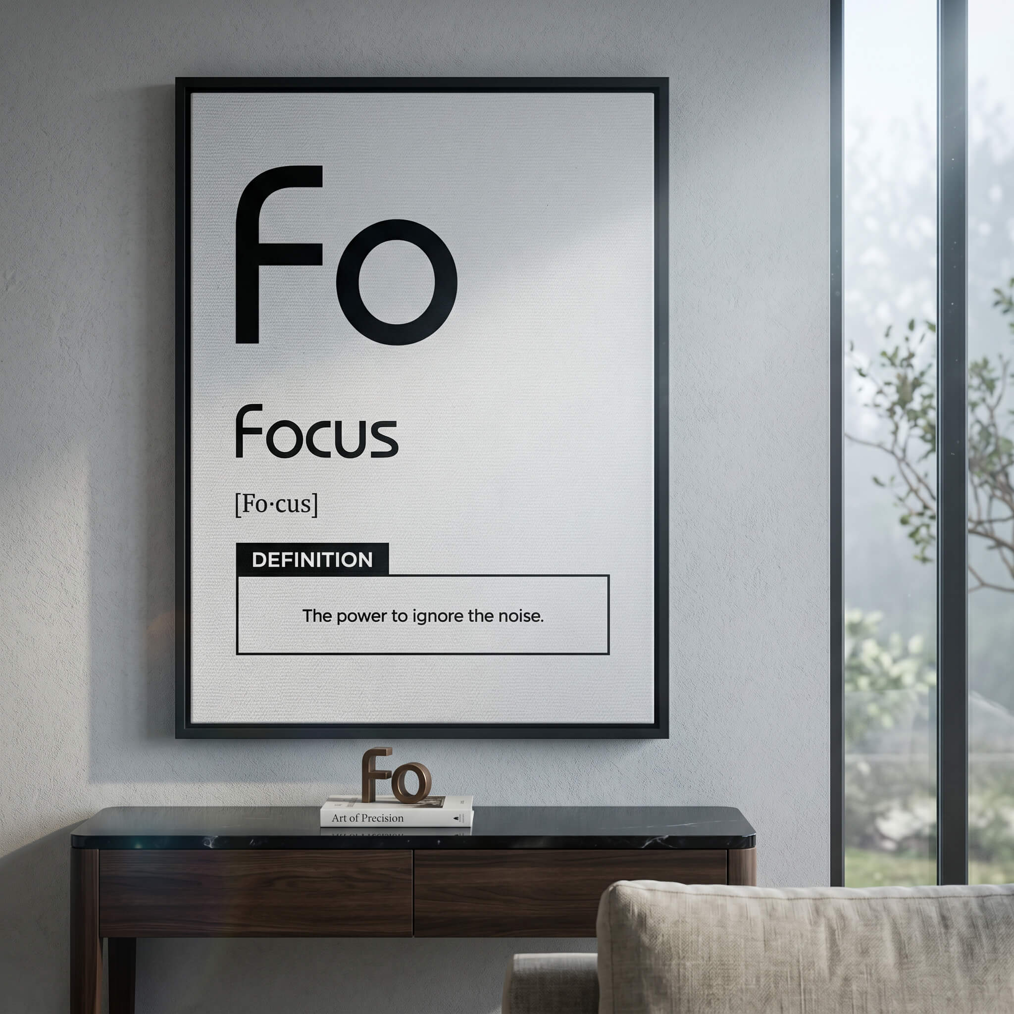 DOTCOMCANVAS® Focus (Fo) Leinwandbild Version Weiß – Raum-Mockup