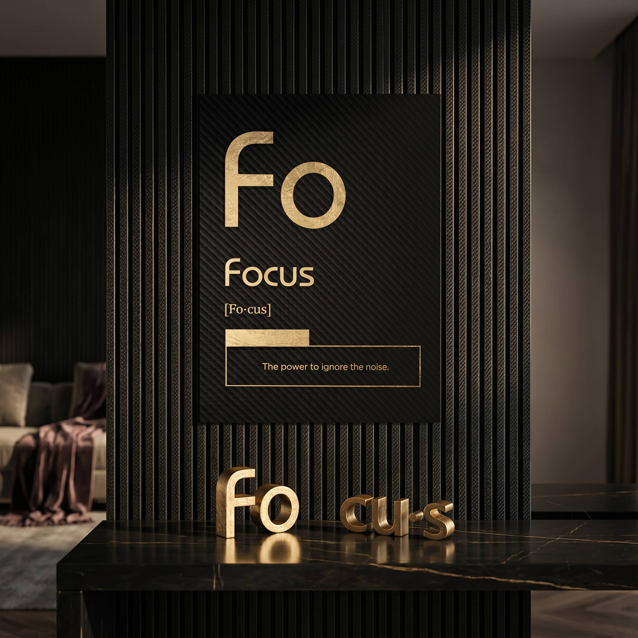 DOTCOMCANVAS® Focus (Fo) Poster Version Schwarz – Raum-Mockup