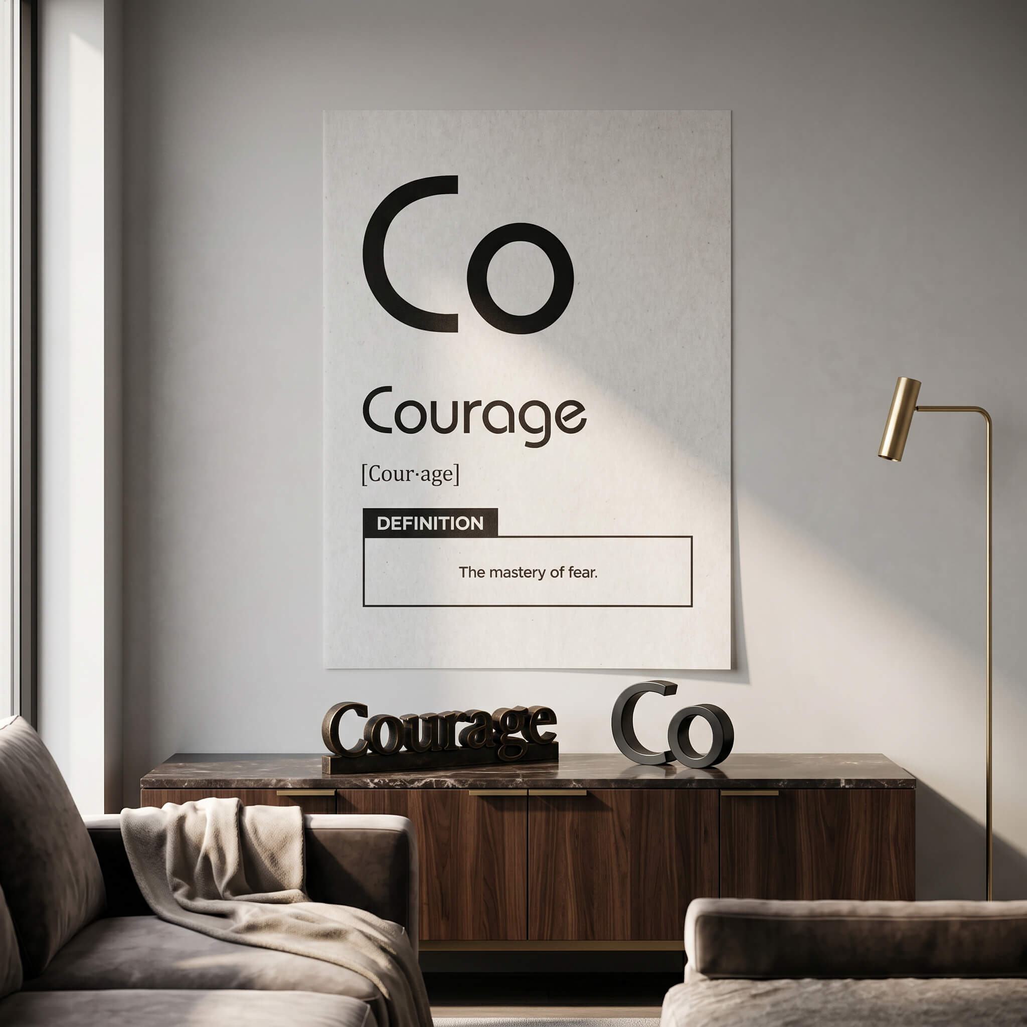 DOTCOMCANVAS® Courage (Co) Poster Version Weiß – Raum-Mockup