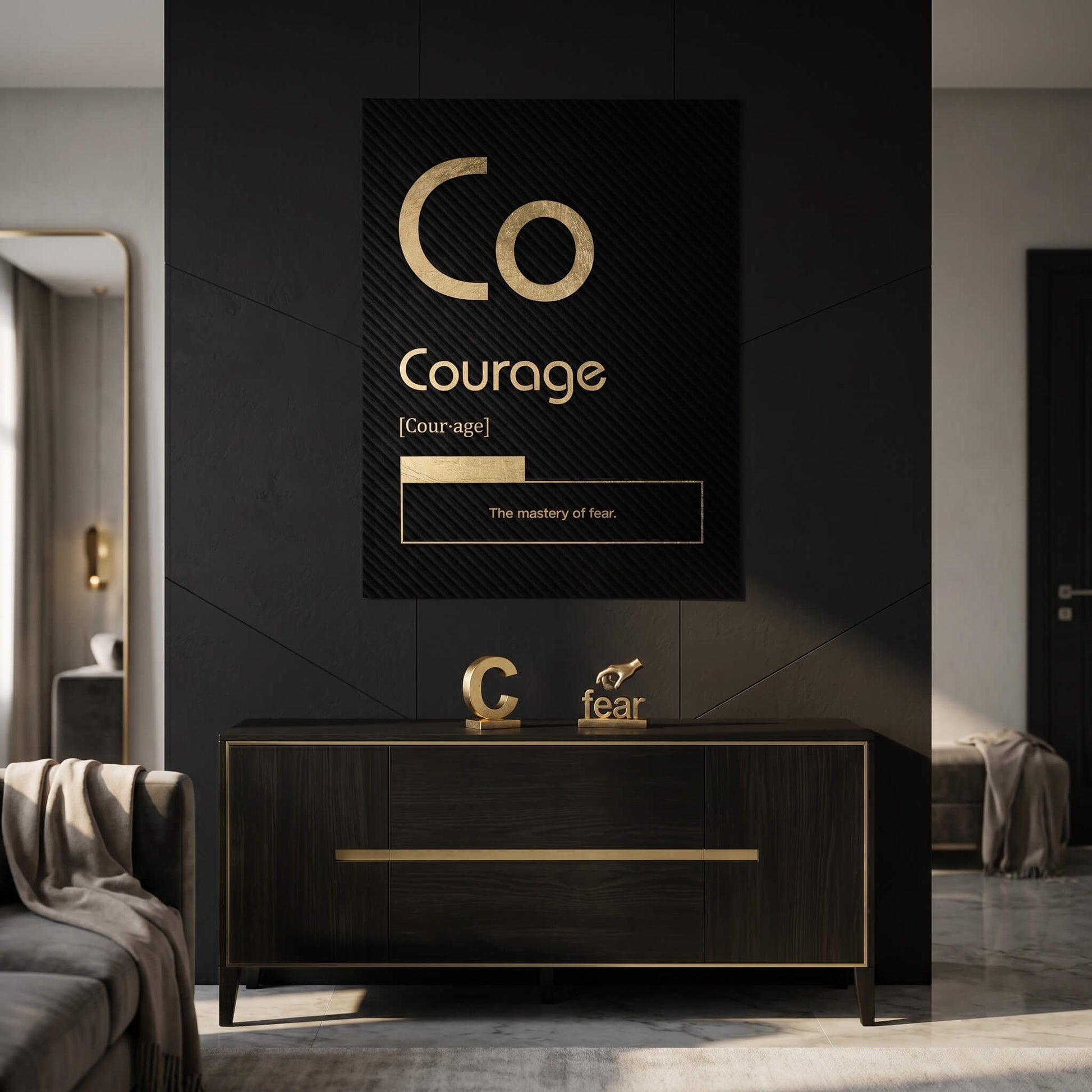DOTCOMCANVAS® Courage (Co) Poster Version Schwarz – Raum-Mockup