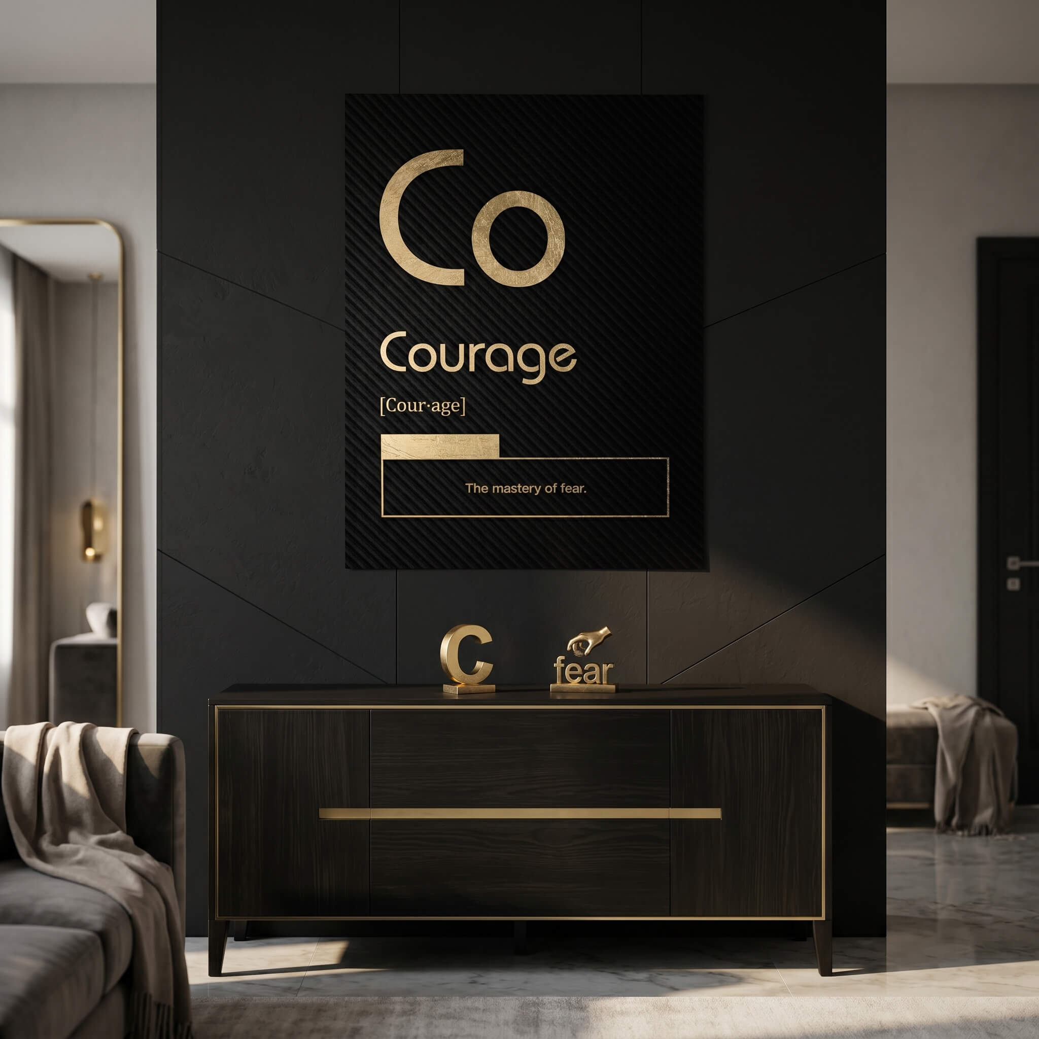 DOTCOMCANVAS® Courage (Co) Poster Version Schwarz – Raum-Mockup