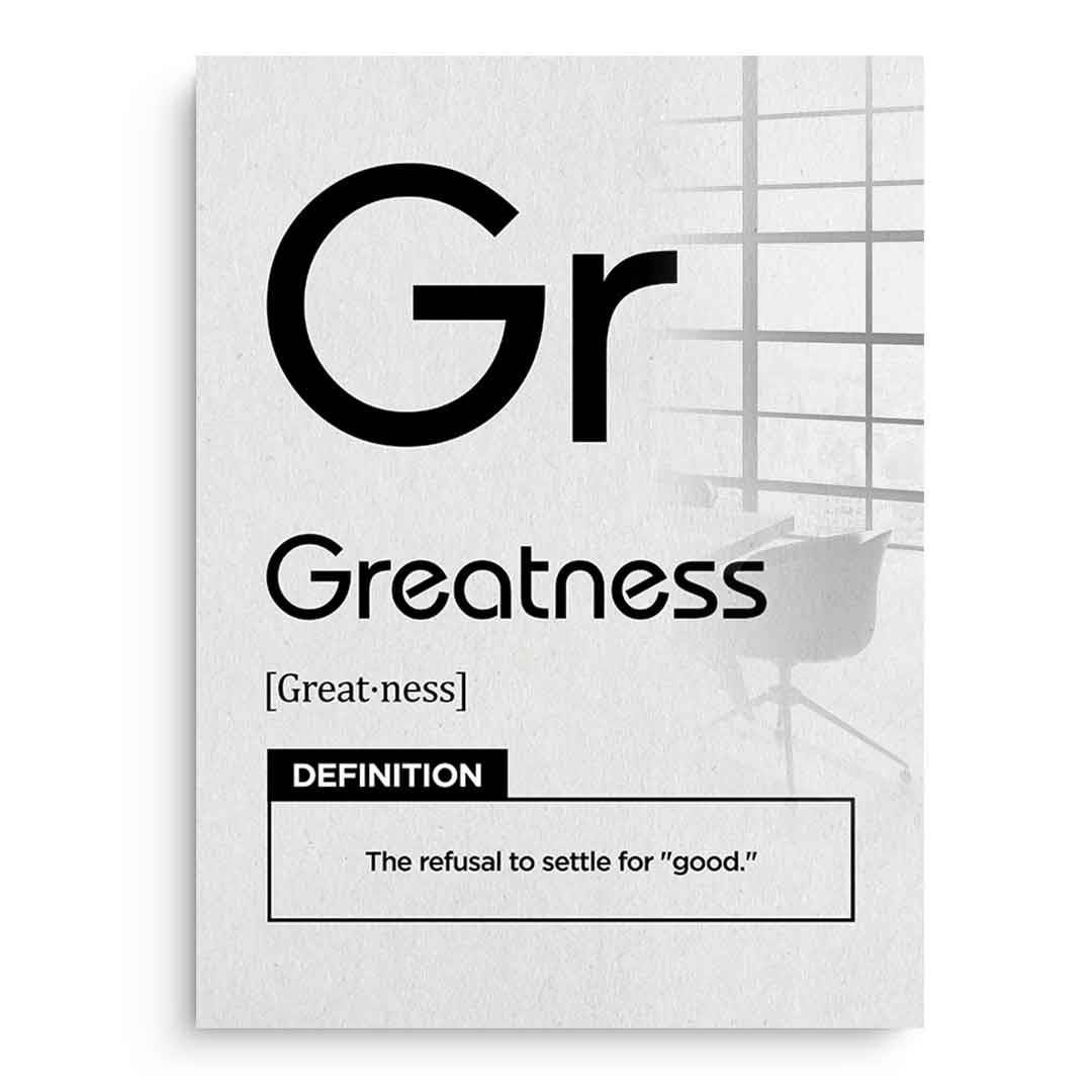 DOTCOMCANVAS® Greatness (Gr) Acrylglasbild Version Weiß – Vorderansicht Schwarzer Rahmen