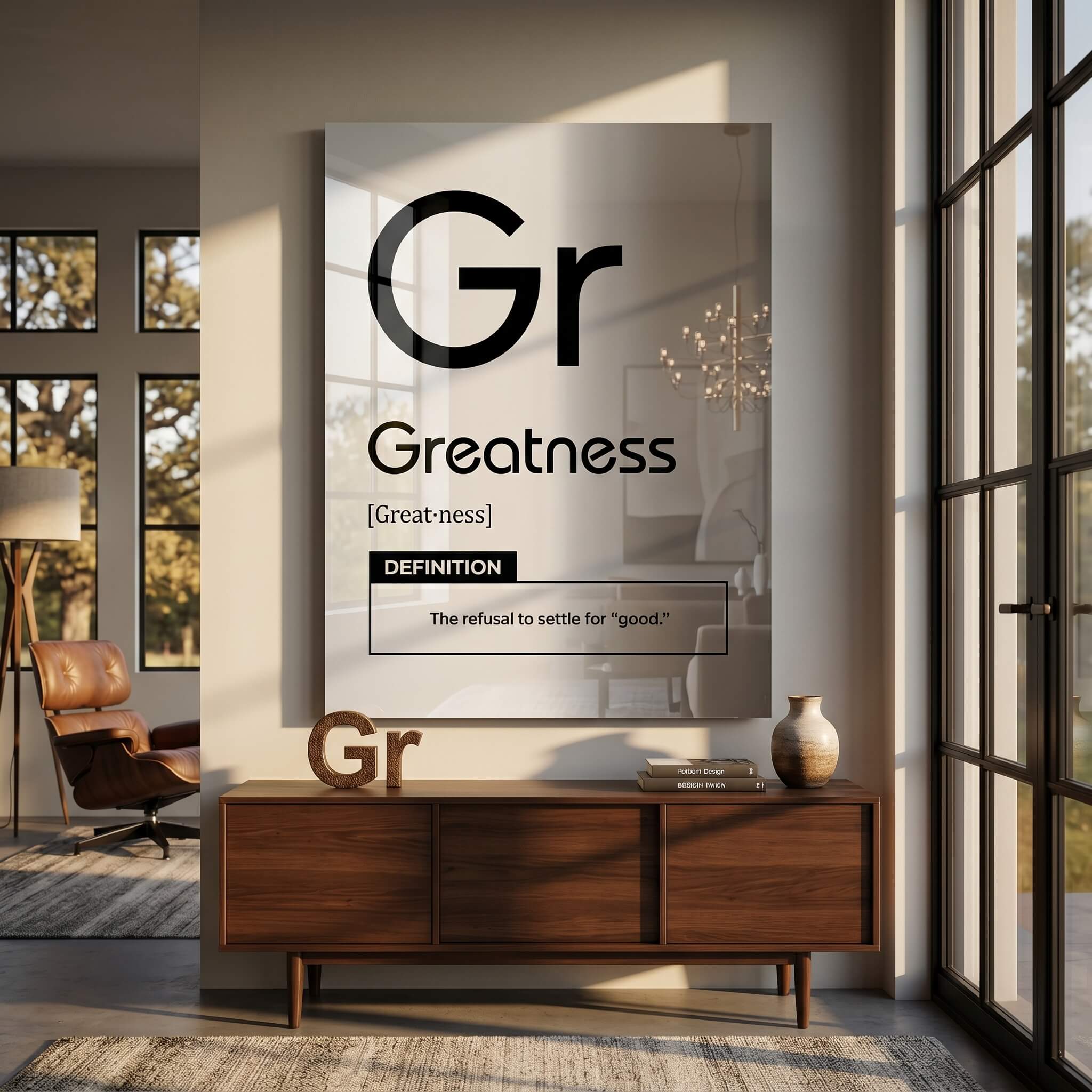 DOTCOMCANVAS® Greatness (Gr) Acrylglasbild Version Weiß – Raum-Mockup