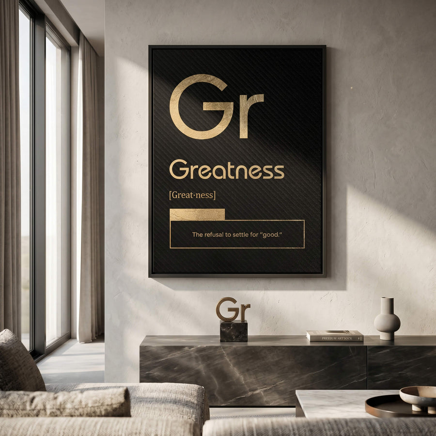 DOTCOMCANVAS® Greatness (Gr) Leinwandbild Version Schwarz – Raum-Mockup