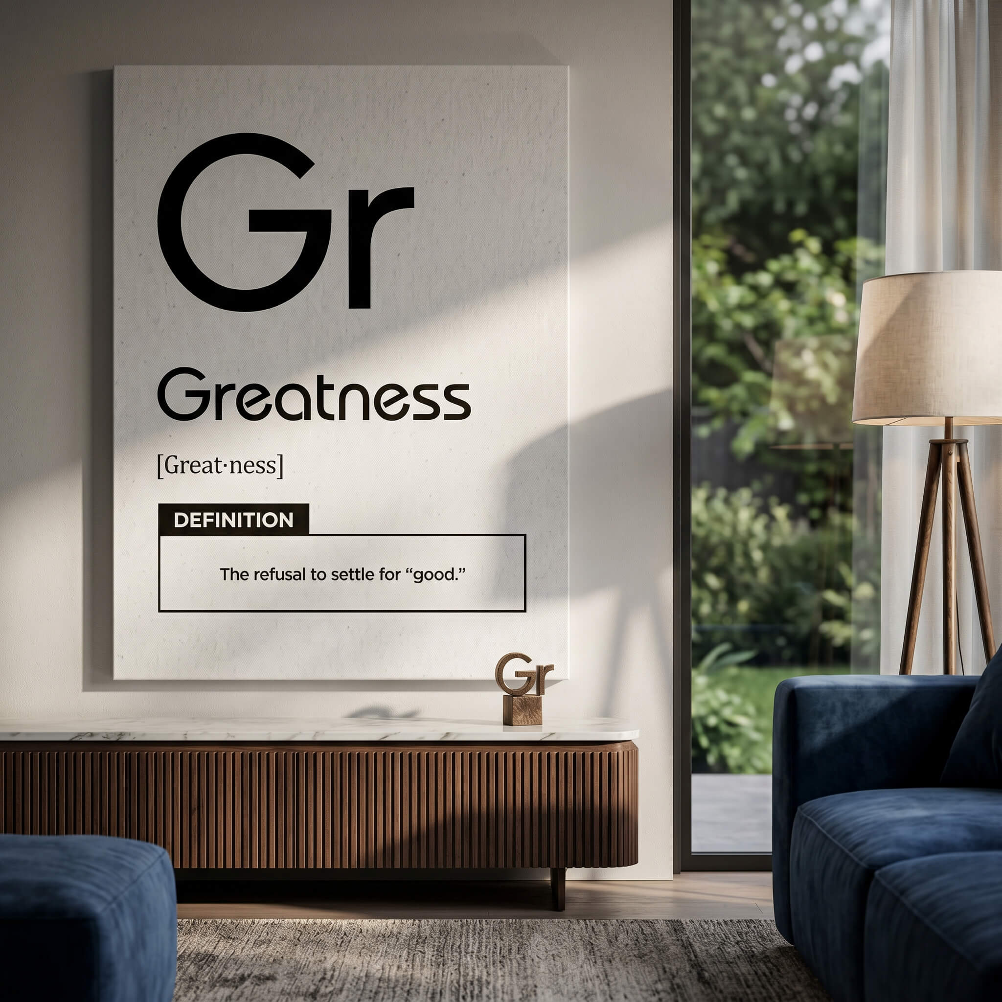 DOTCOMCANVAS® Greatness (Gr) Leinwandbild Version Weiß – Raum-Mockup