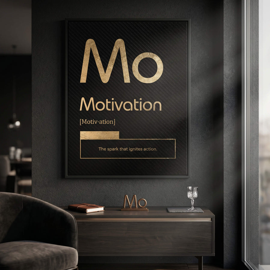 DOTCOMCANVAS® Motivation (Mo) Leinwandbild Version Schwarz – Raum-Mockup