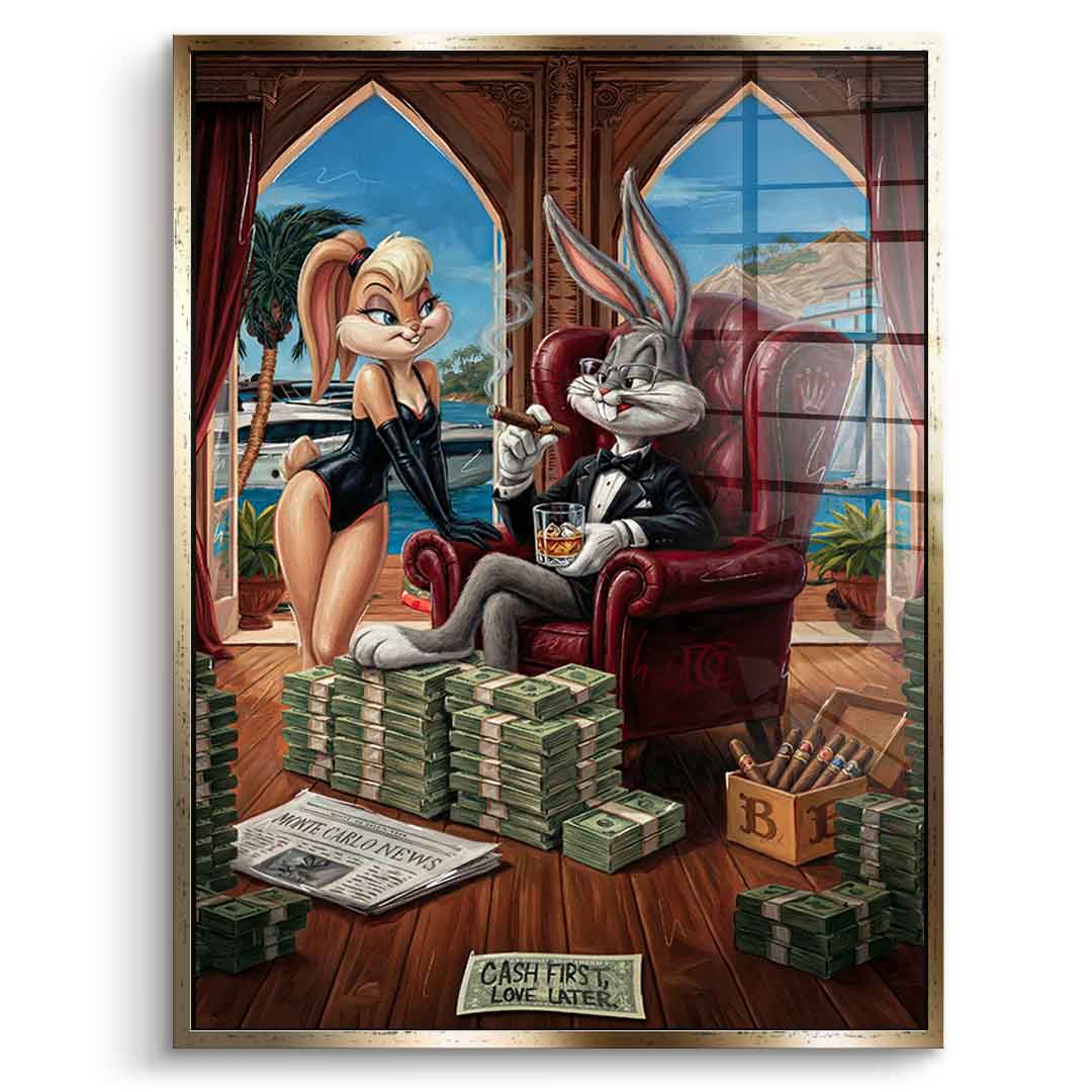 DOTCOMCANVAS® Bunny in Monaco Acrylglasbild – Vorderansicht goldener Rahmen