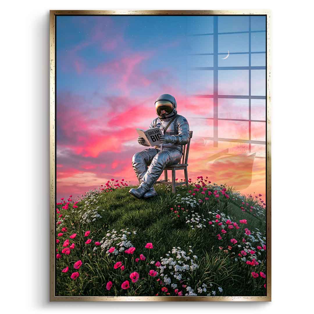 DOTCOMCANVAS® Astronaut's Big Dreams Acrylglasbild – Vorderansicht goldener Rahmen