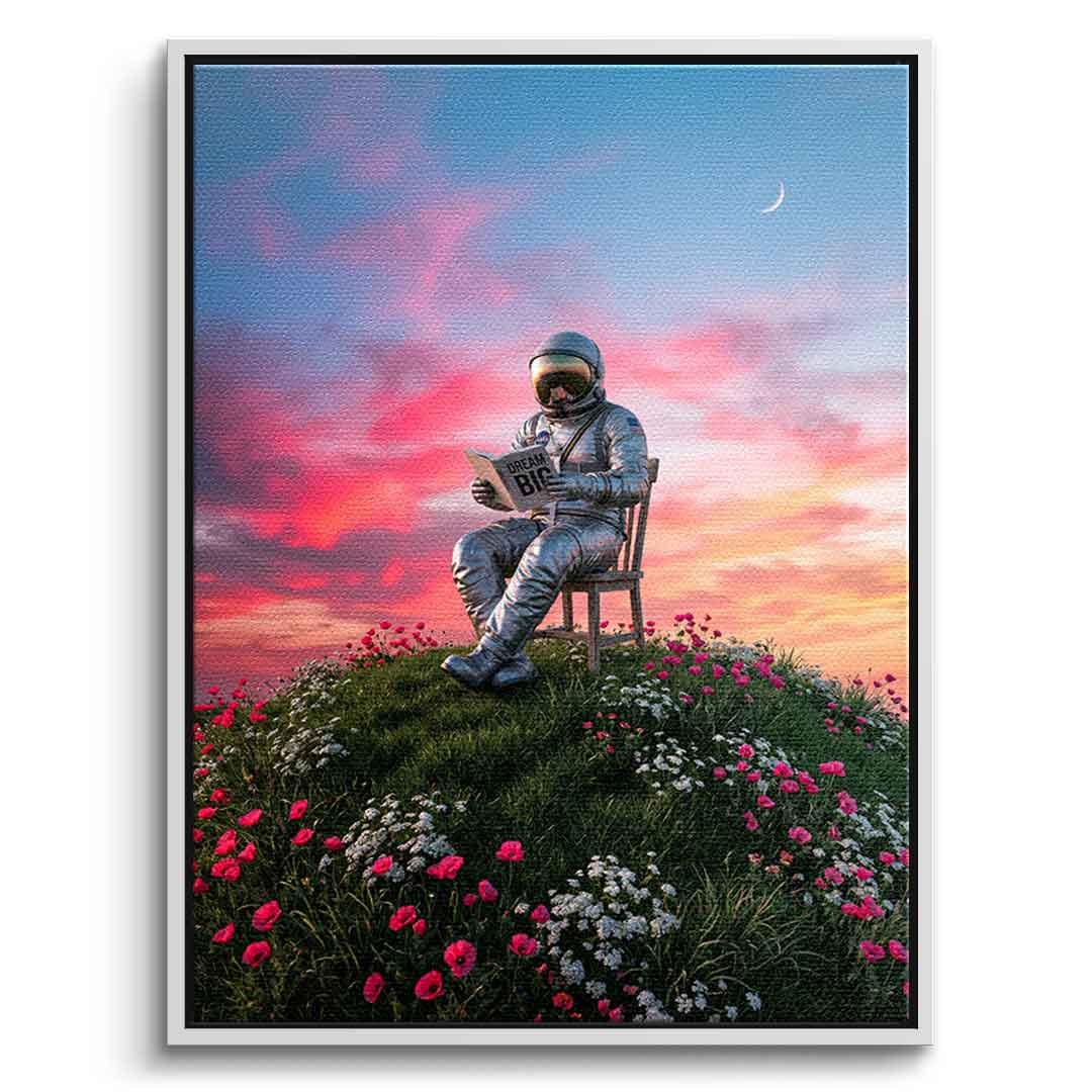 DOTCOMCANVAS® Astronaut's Big Dreams Leinwandbild – Vorderansicht weißer Rahmen