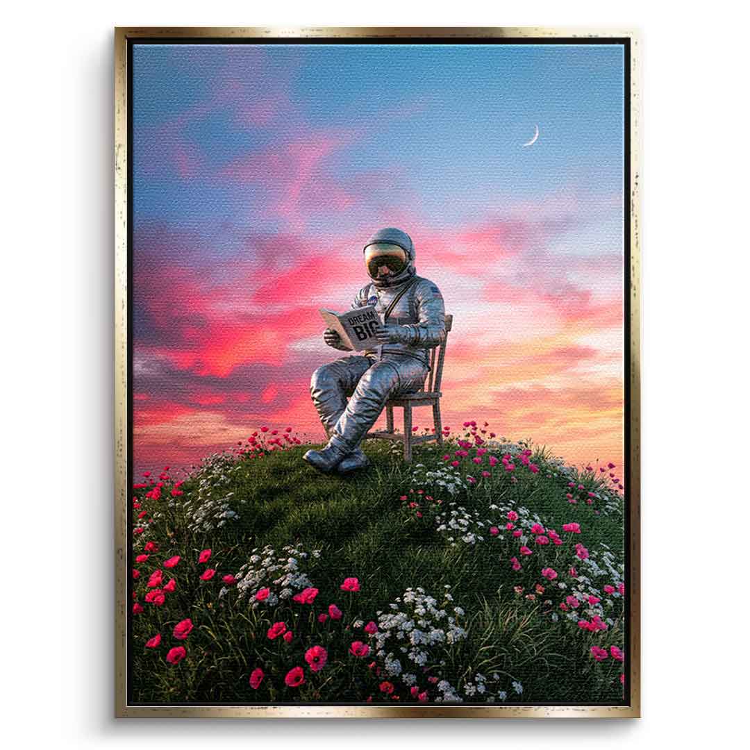 DOTCOMCANVAS® Astronaut's Big Dreams Leinwandbild – Vorderansicht goldener Rahmen