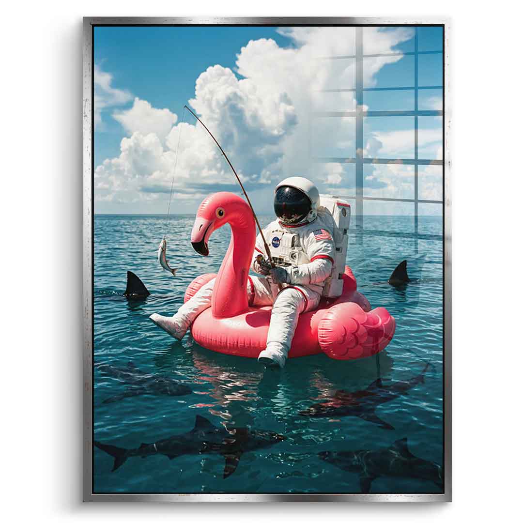 Acrylglas Front Silber-Rahmen — Fearless Astronaut on a Flamingo