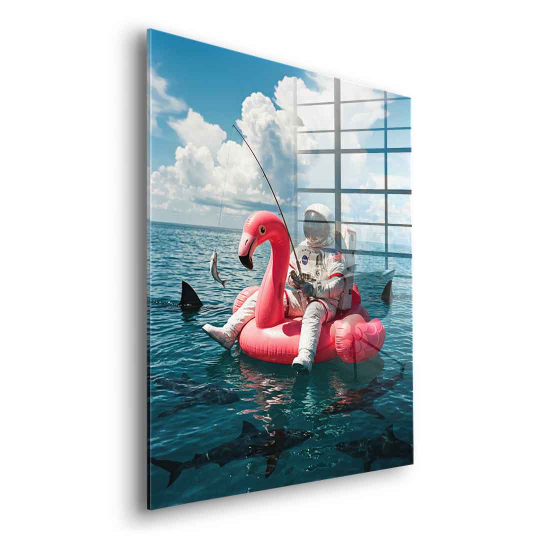 Acrylglas Seitenansicht Ohne Rahmen — Fearless Astronaut on a Flamingo