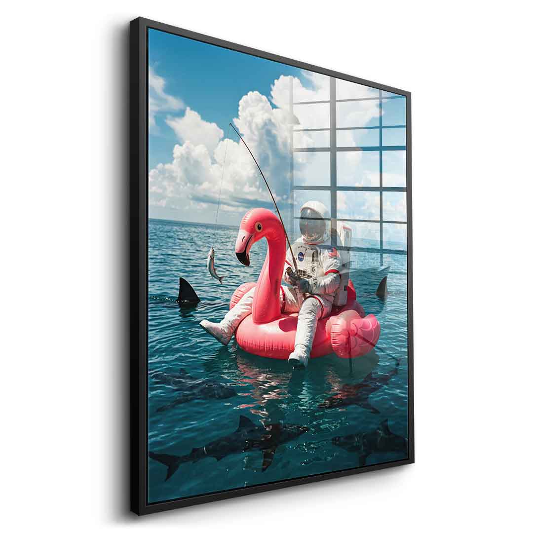 Acrylglas Seitenansicht Schwarz-Rahmen — Fearless Astronaut on a Flamingo