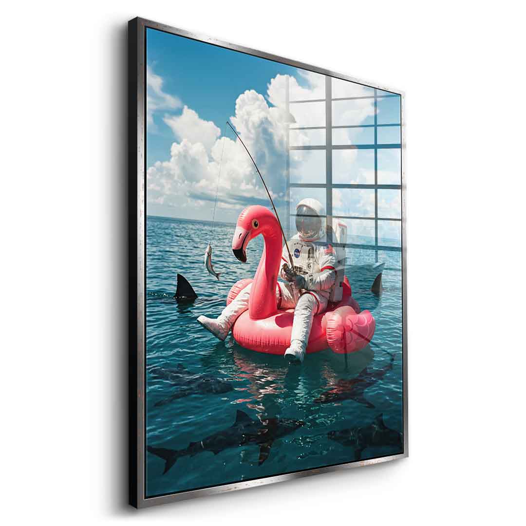 Acrylglas Seitenansicht Gold-Rahmen — Fearless Astronaut on a Flamingo